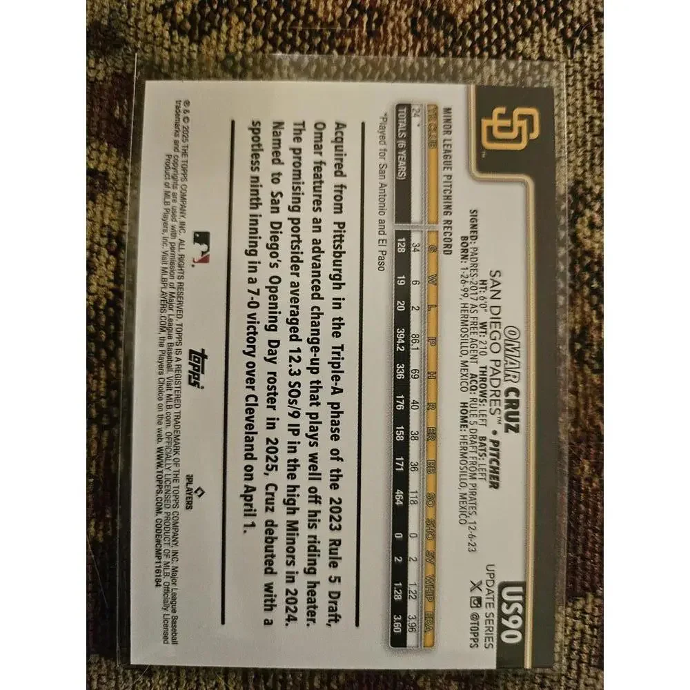 2025 Topps Update - Omar Cruz - RC  #US90 - Padres - RAW Mint - Picture 2 of 2